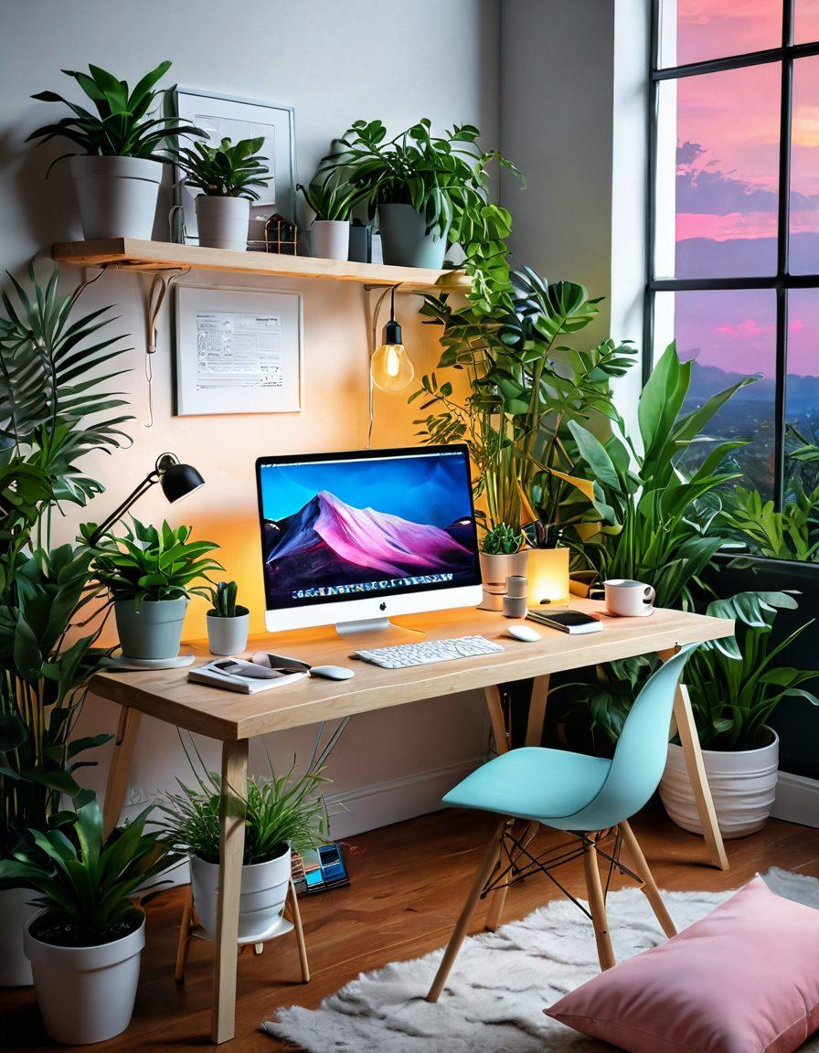 A serene digital landscape representing a cozy virtual workspace adorned with colorful tech gadgets and lush plants, symbolizing a harmonious blend of nature and technology. Include a glowing laptop displaying vibrant blog posts and captivating graphics, surrounded by light trails representing ideas and creativity flowing. Soft pastel colors create a calming atmosphere. digital art. vibrant colors. super-realistic.