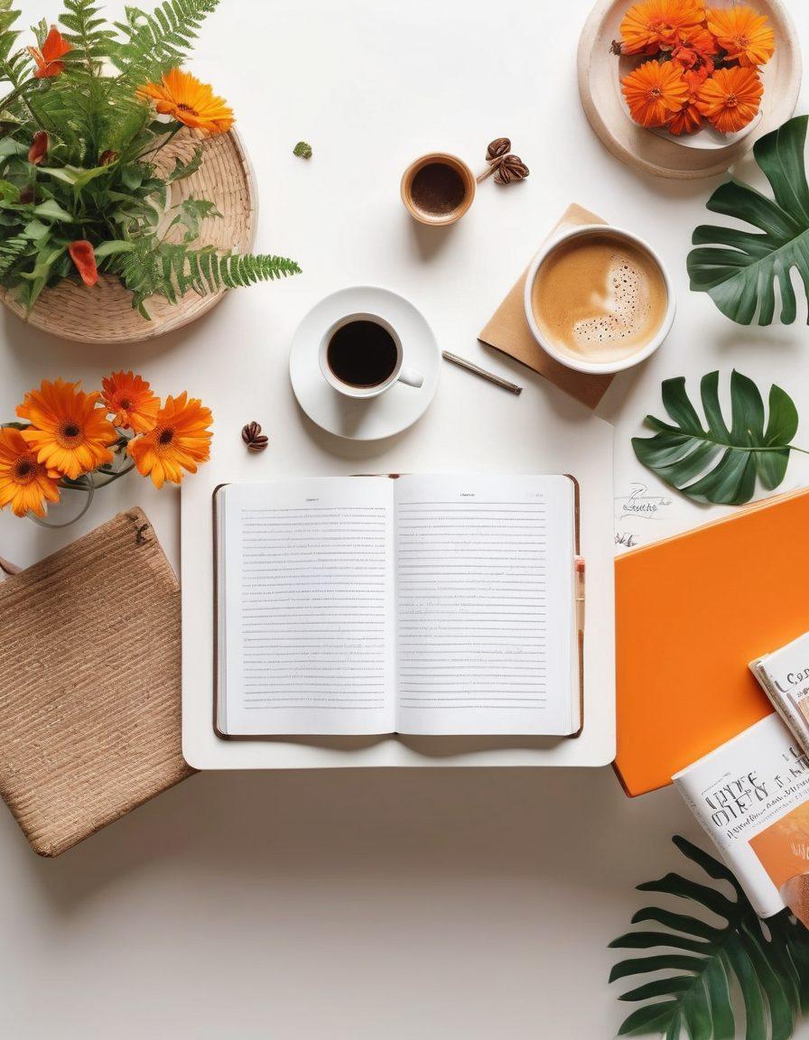 A vibrant collage of various lifestyle elements, including a cozy reading nook, a stylish cafe table with a notepad and coffee, a serene nature scene, and inspirational quotes artistically integrated in the background. The color palette should be warm and inviting, evoking creativity and inspiration. Super-realistic. Bright colors. White background.