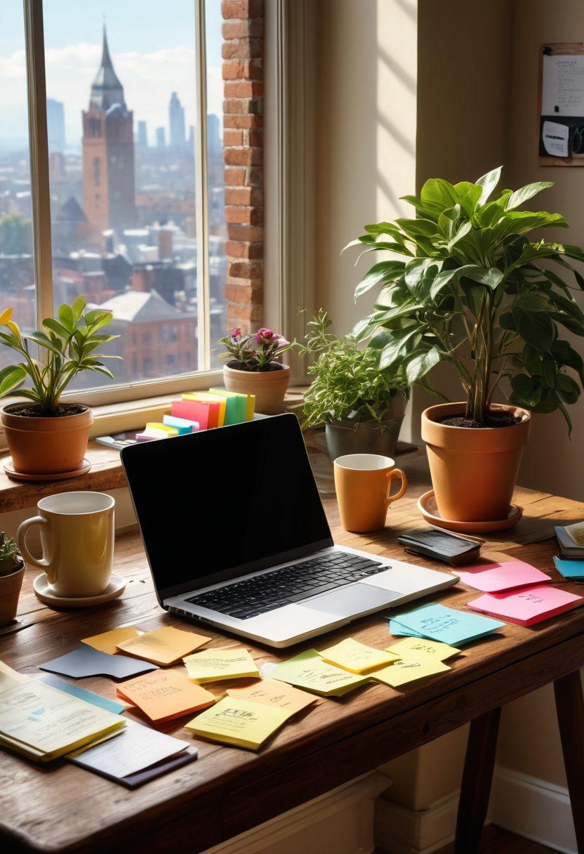 A serene workspace featuring a vintage wooden desk adorned with a sleek laptop, colorful sticky notes, a steaming cup of coffee, and a potted plant. In the background, a beautiful window displaying a sunlit cityscape creates an inviting atmosphere. The scene is rich with creativity and inspiration, symbolizing personal growth in the digital age. vibrant colors. super-realistic.
